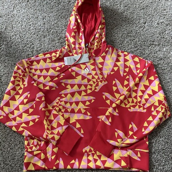 adidas Sweaters - ADIDAS X FARM RIO HOODIE Kangaroo pocket Pull Over Bold Orange Red Cropped Small